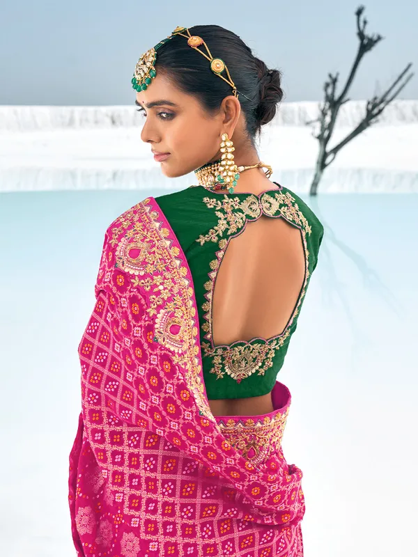 Beautiful rani color bandhej saree
