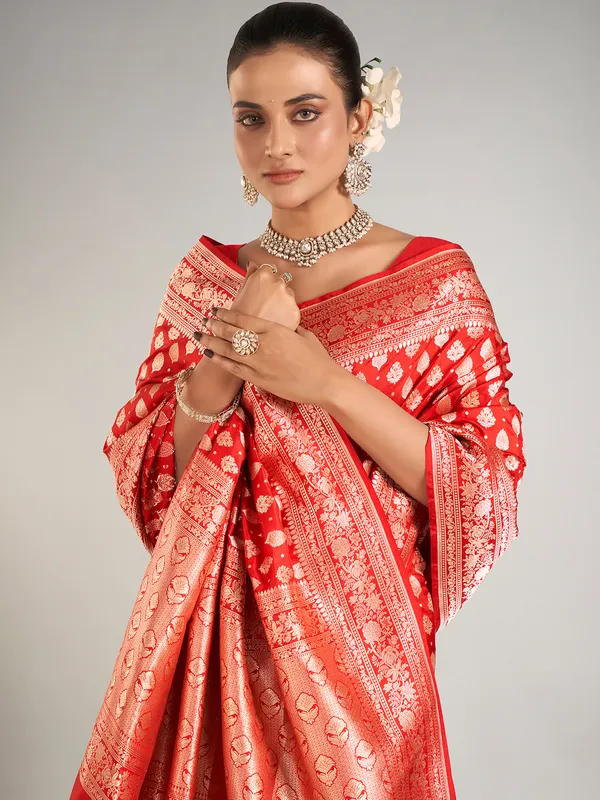 Beautiful red banarasi silk wedding wear saree