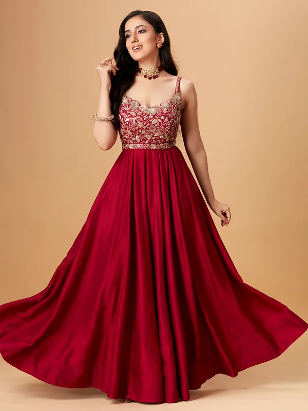 Beautiful red raw silk anarkali suit