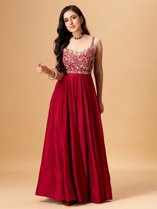 Beautiful red raw silk anarkali suit