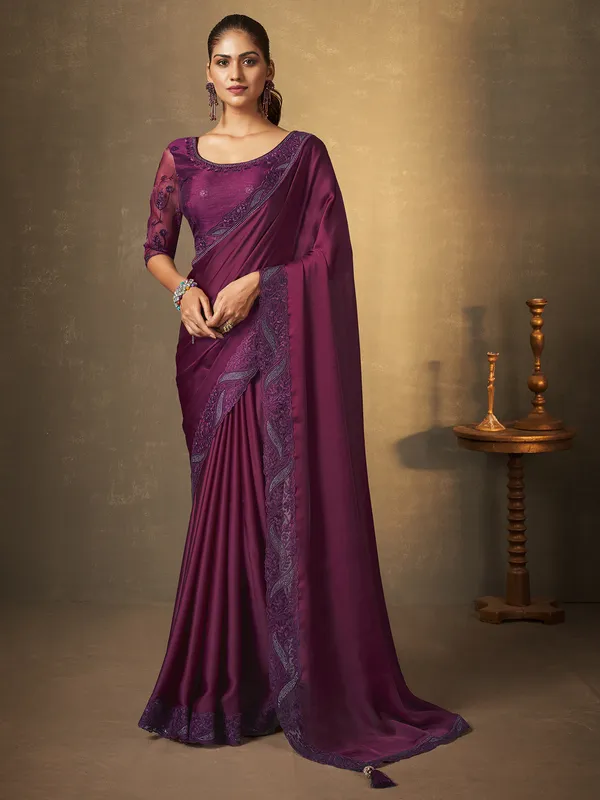 Beautiful satin silk wine saree