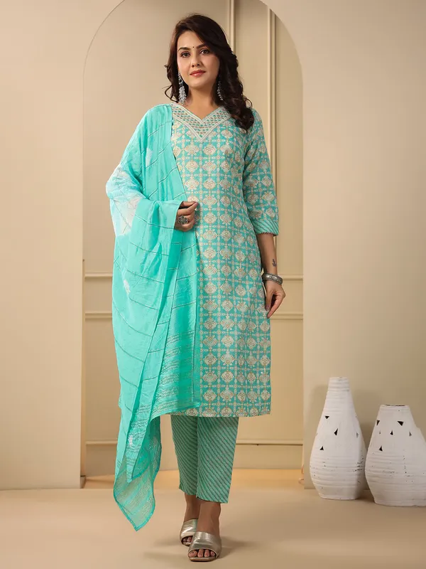 Beautiful sea green cotton kurti set