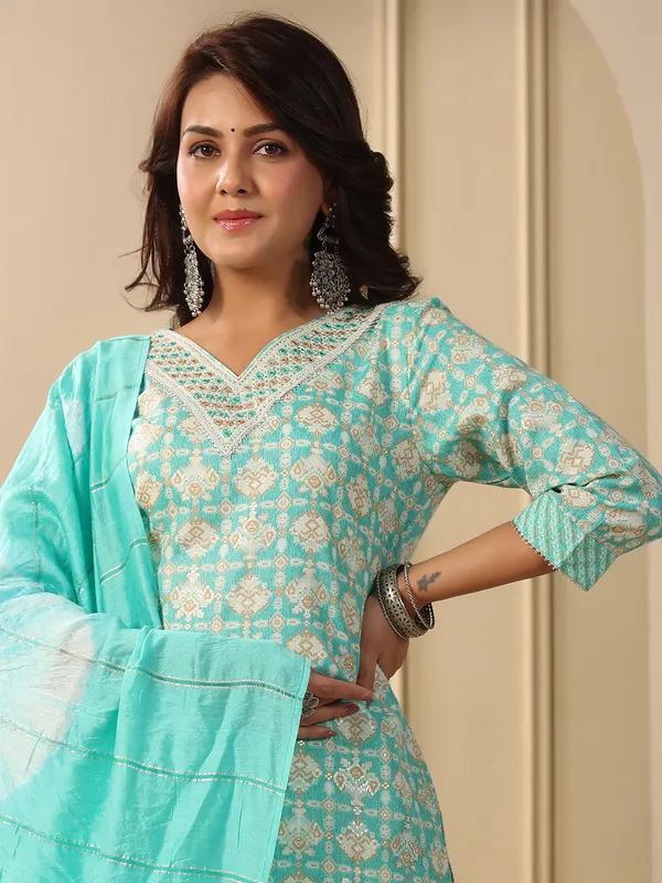 Beautiful sea green cotton kurti set