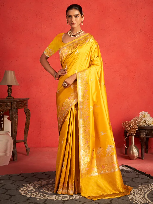 Beautiful yellow saree with zari work