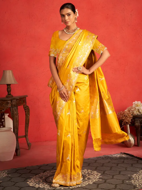 Beautiful yellow saree with zari work