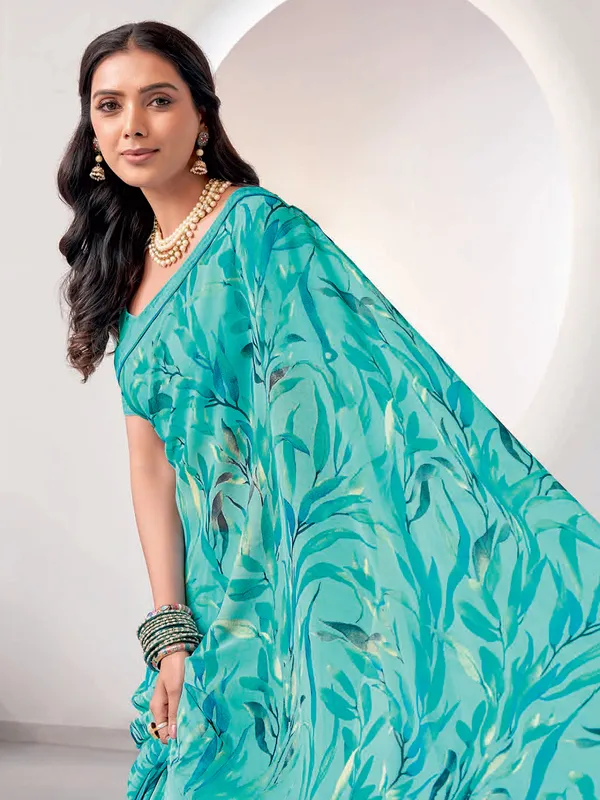 Beautiful sky blue printed georgette saree