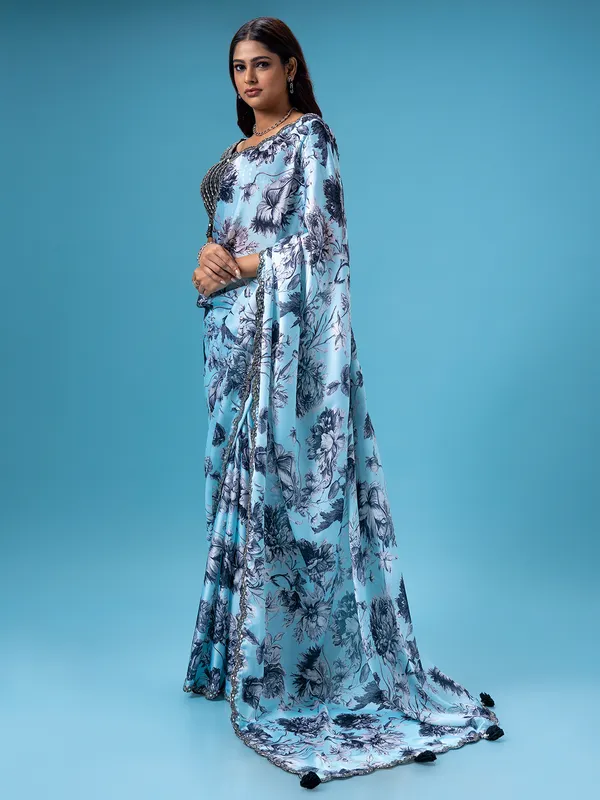 Beautiful sky blue printed saree