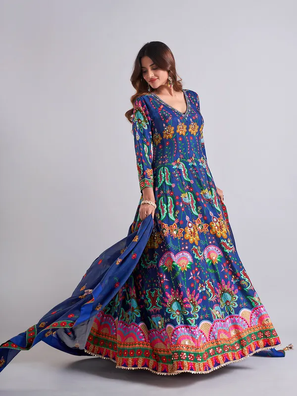 Beautiful teal blue cotton silk anarkali salwar suit