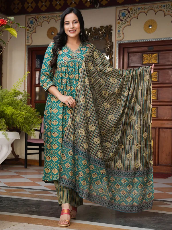 Beautiful turquoise green cotton kurti set