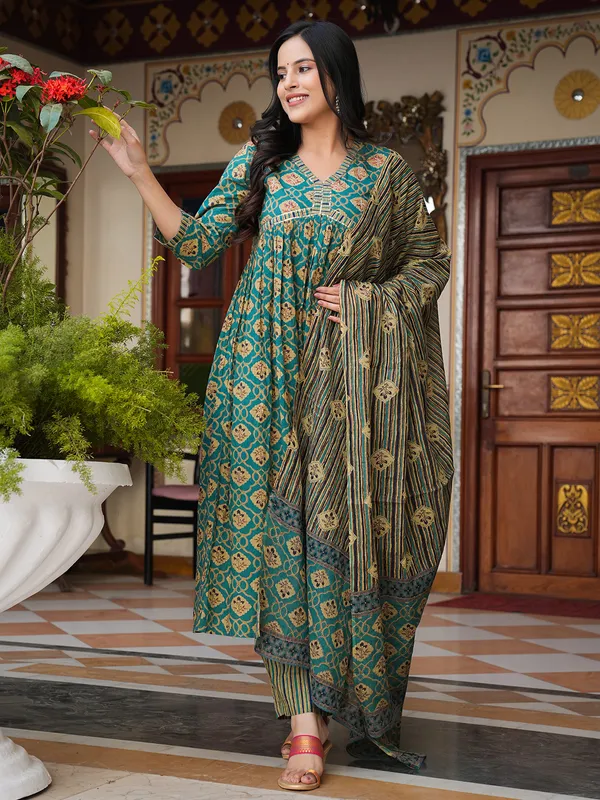 Beautiful turquoise green cotton kurti set