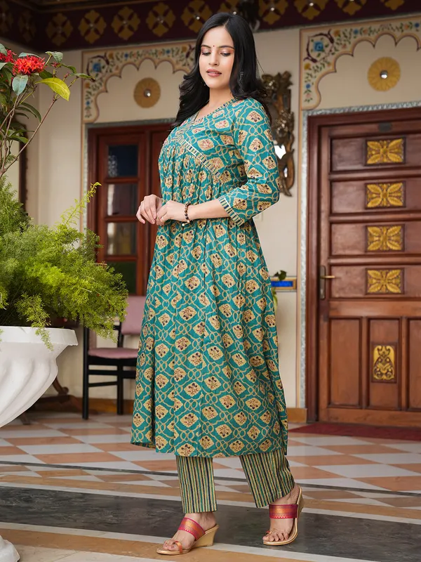 Beautiful turquoise green cotton kurti set