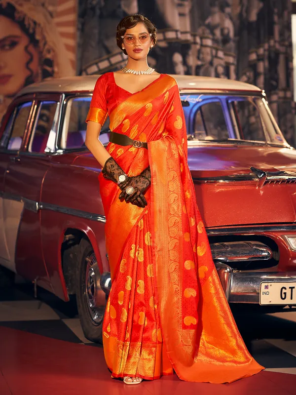 Beautiful wedding wear orange silk saree