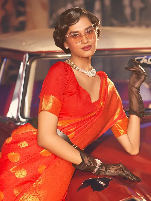 Beautiful wedding wear orange silk saree