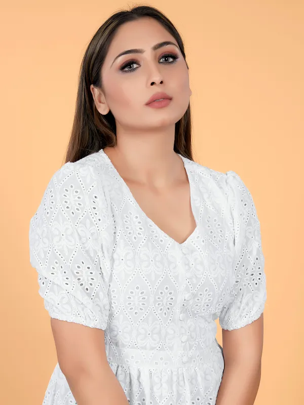Beautiful white chikan fabric kurti for casual