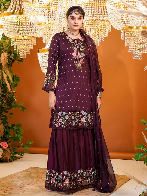 Beautiful wine silk sharara suit