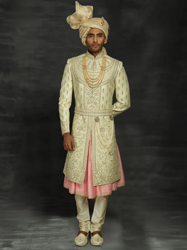 Beautifully beige and pink sherwani in silk