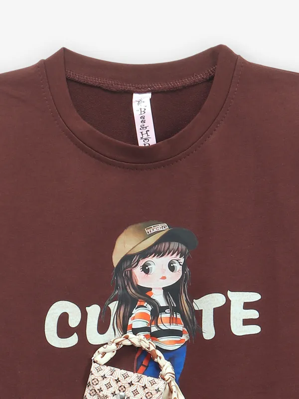 BEE & HONEY brown printed cotton t-shirt