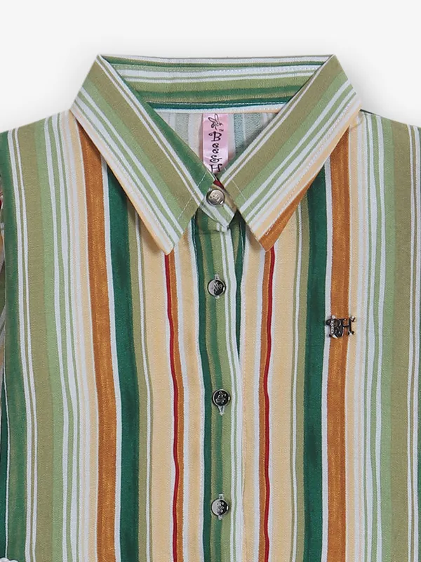 BEE HONEY stripe green silk shirt