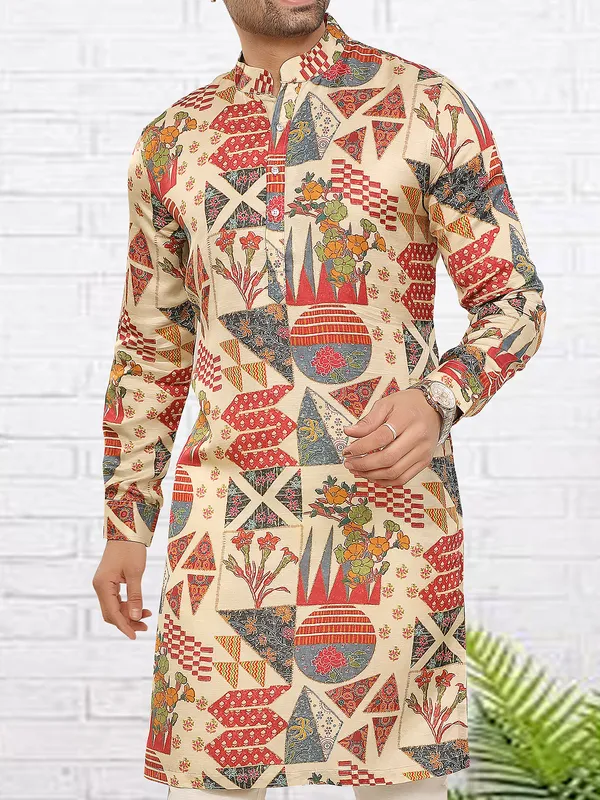 Beige abstract floral printed kurta for festive