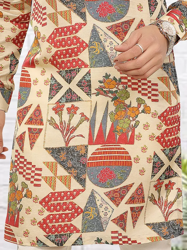 Beige abstract floral printed kurta for festive