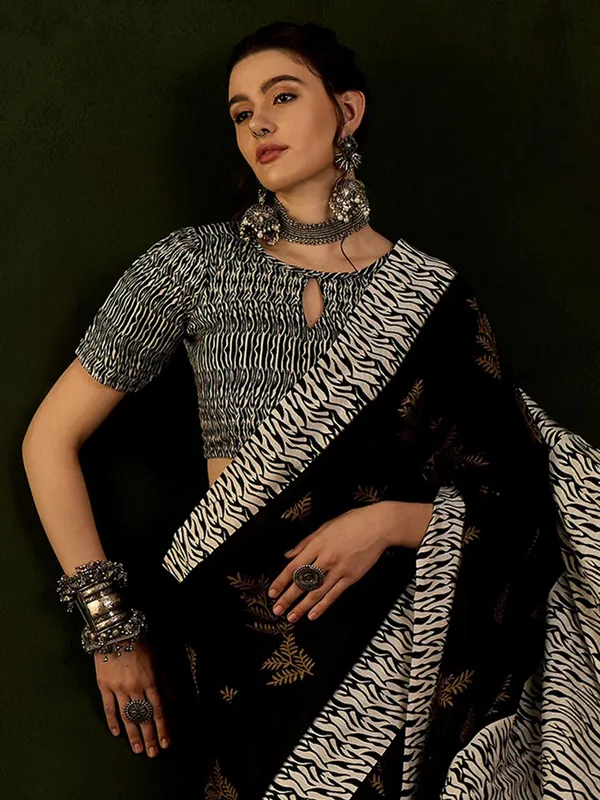 Beige and black bhagalpuri silk printed saree
