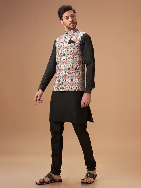 Beige and black printed waistcoat set