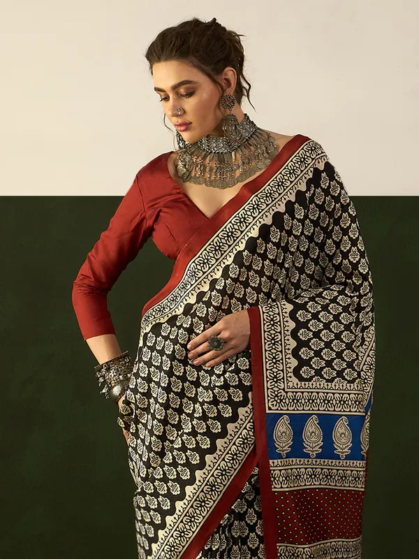 Beige and black saree in bhagalpuri silk with print
