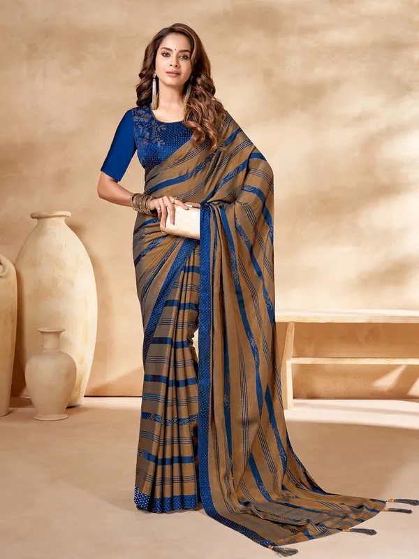 Beige and blue brasso saree