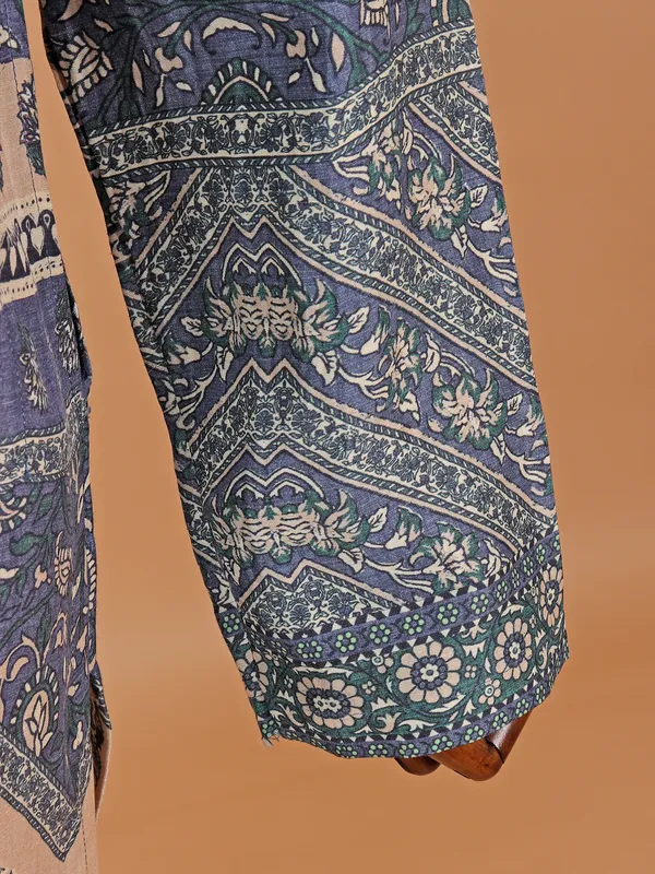 Beige and blue cotton kurta with ethnic print