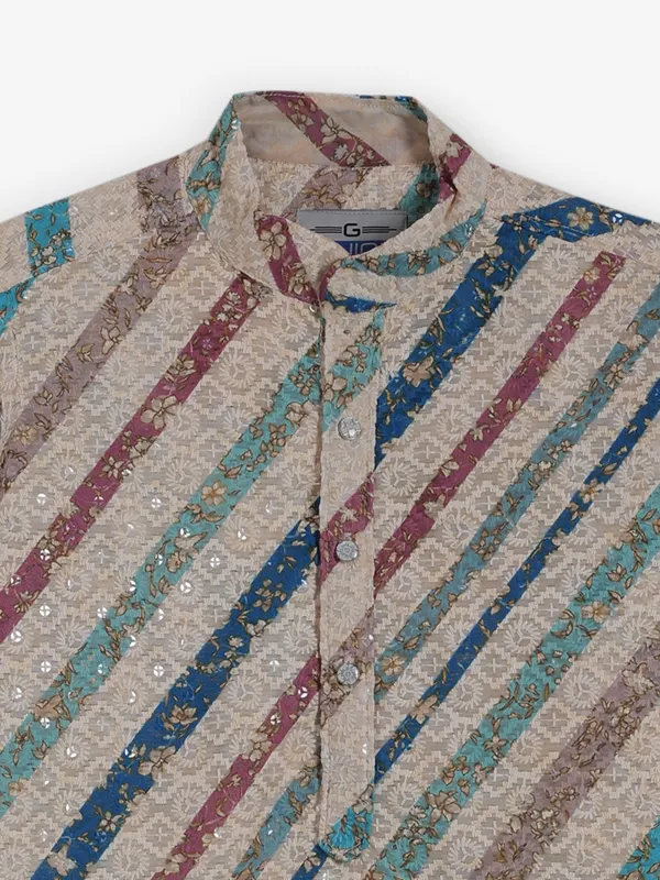 Beige and blue cotton silk kurta