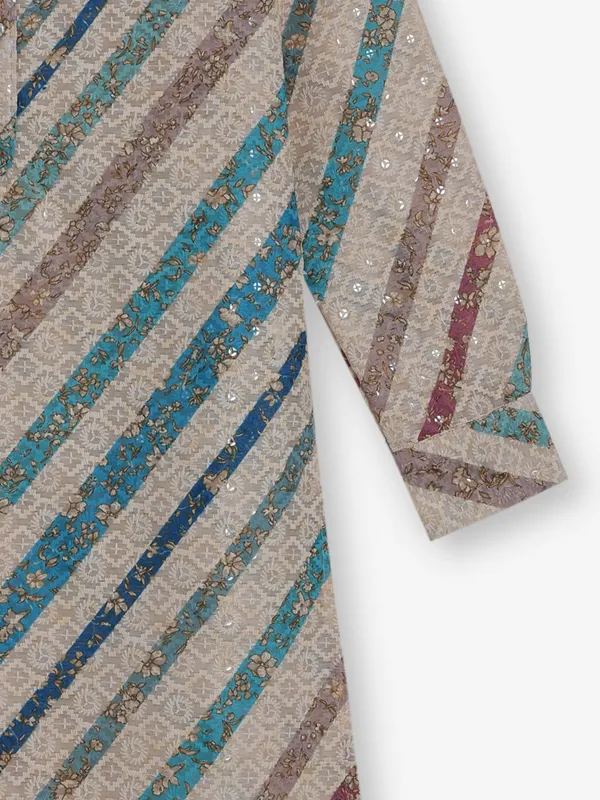 Beige and blue cotton silk kurta