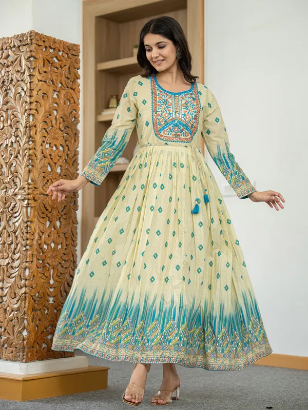 Beige and blue cotton silk printed kurti with embroidery
