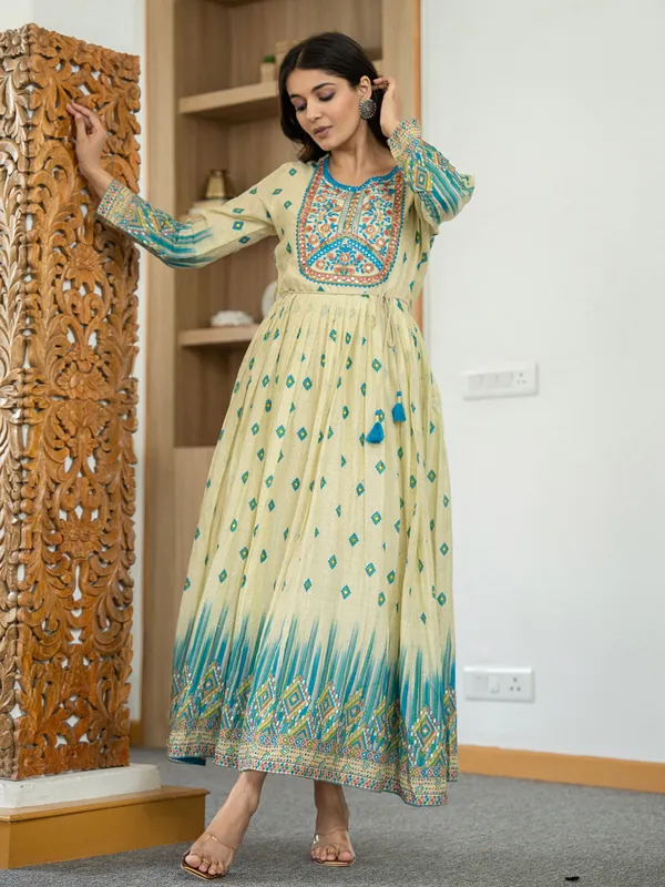 Beige and blue cotton silk printed kurti with embroidery
