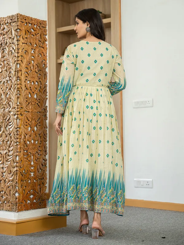 Beige and blue cotton silk printed kurti with embroidery