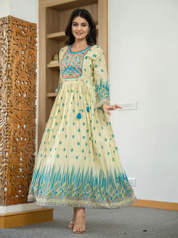 Beige and blue cotton silk printed kurti with embroidery