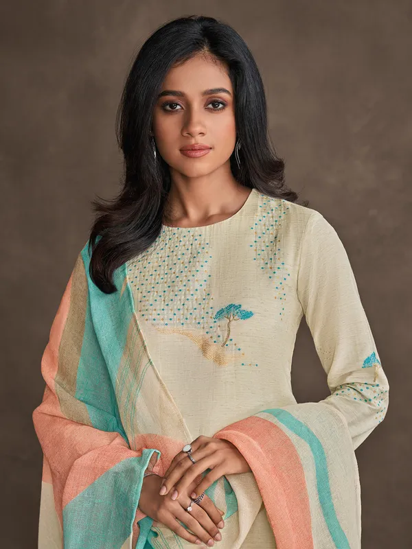 Beige and blue cotton silk salwar suit