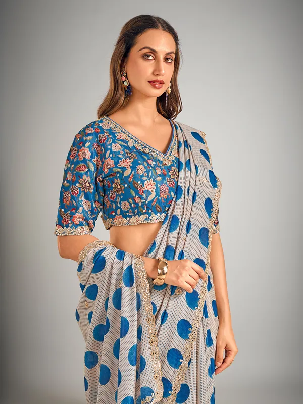 Beige and blue crepe silk saree