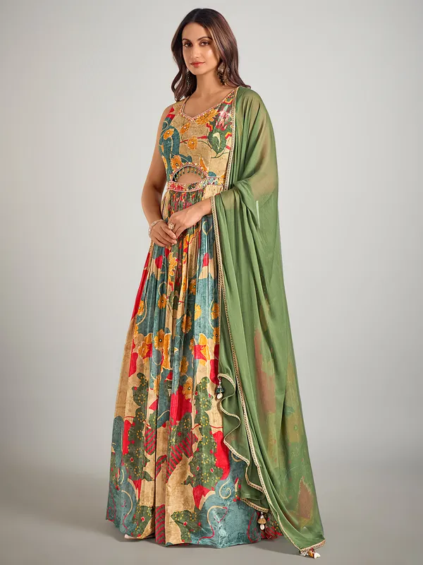 Beige and blue designer suit in silk