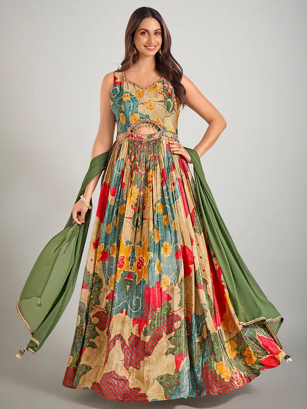 Beige and blue designer suit in silk