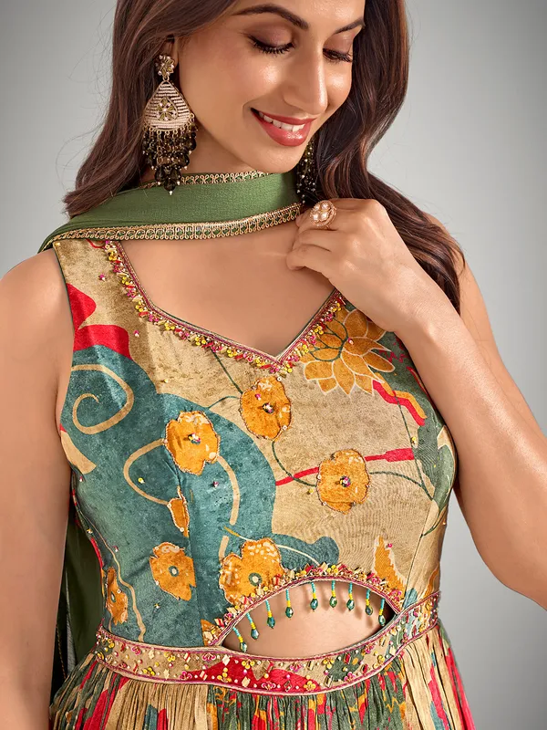 Beige and blue designer suit in silk