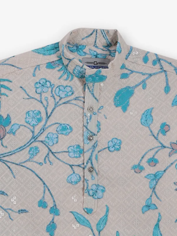 Beige and blue embroidery work kurta