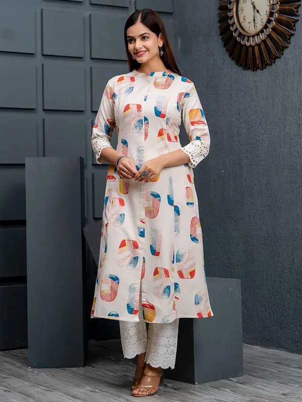 Beige and blue printed casual kurti