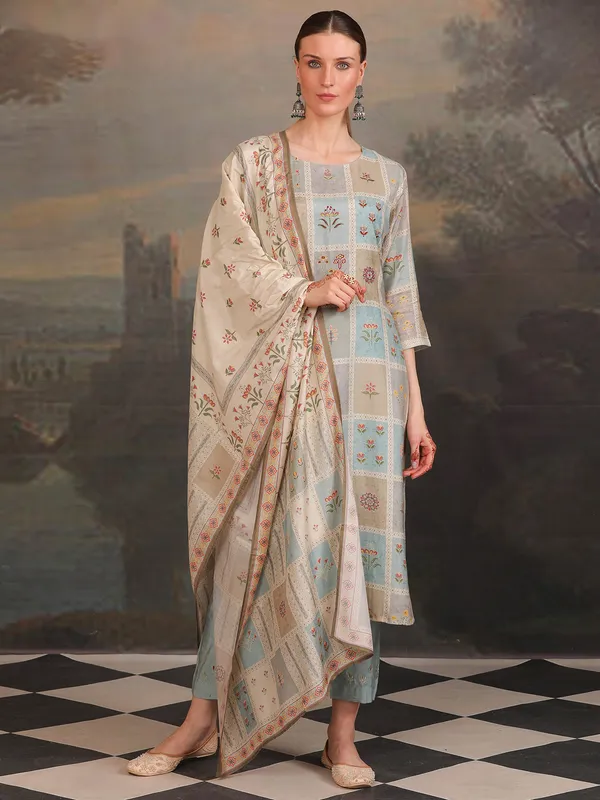 Beige and blue printed kurti set