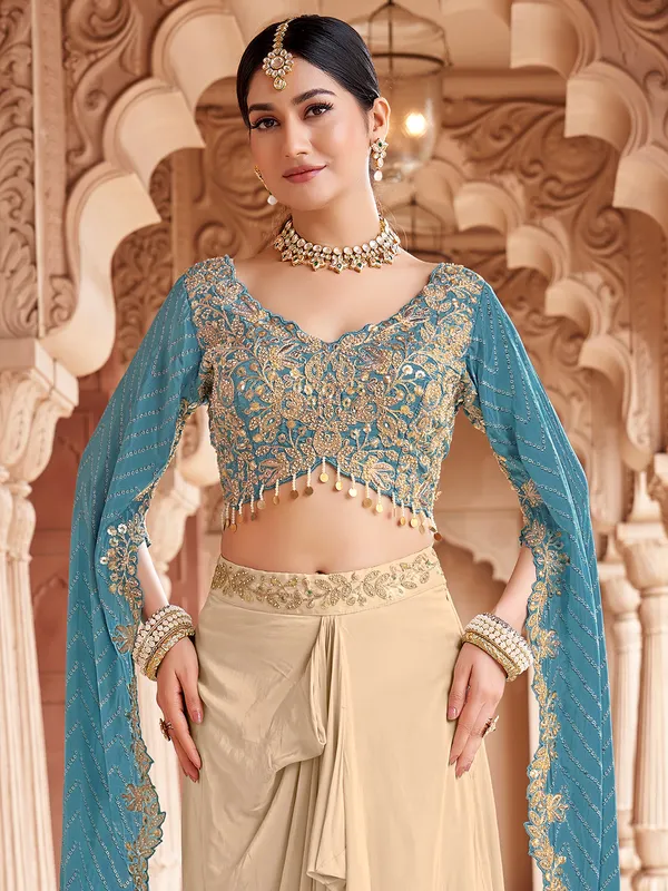 Beige and blue satin silk indo western suit