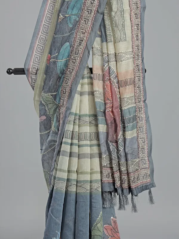 Beige and blue semi cotton saree