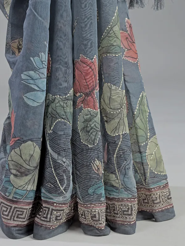 Beige and blue semi cotton saree