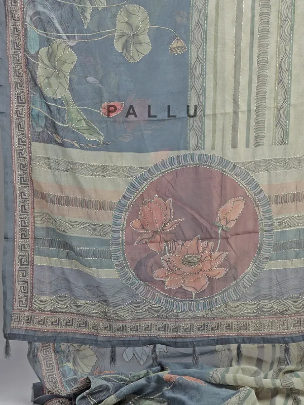 Beige and blue semi cotton saree
