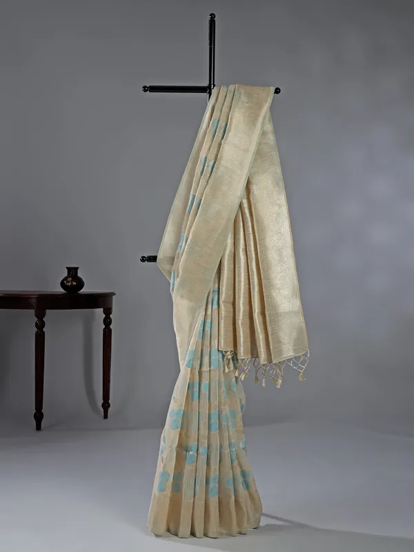 Beige and blue semi cotton silk saree with unstitched blouse
