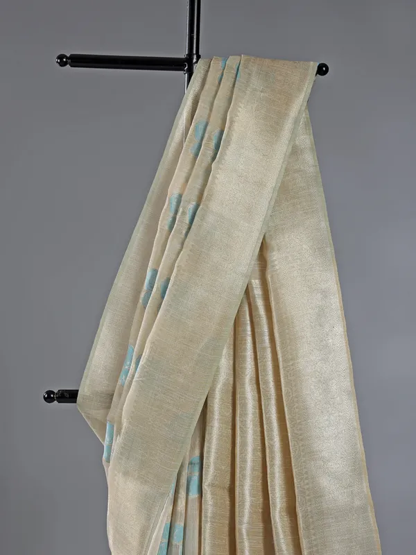 Beige and blue semi cotton silk saree with unstitched blouse