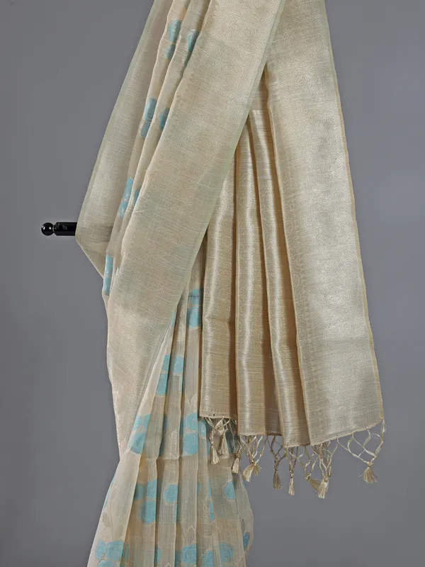 Beige and blue semi cotton silk saree with unstitched blouse